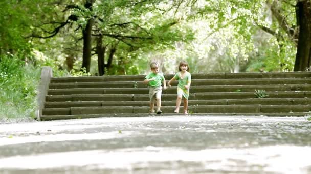 Duas crianças brincando no parque, ao ar livre — Vídeo de Stock