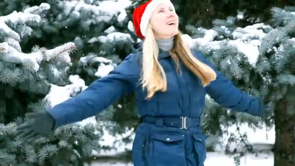 Chica feliz camina en madera de invierno — Vídeo de stock