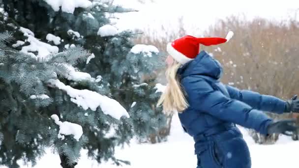 Щаслива дівчина гуляє в зимовому лісі — стокове відео