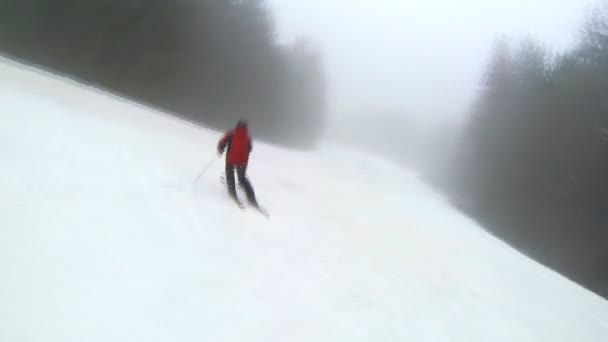 Motion camera view of skier is riding in the mountains — Stock Video