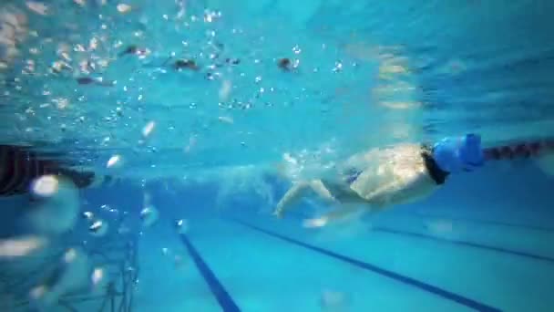 Bela vista subaquática de natação estilo backstorke — Vídeo de Stock