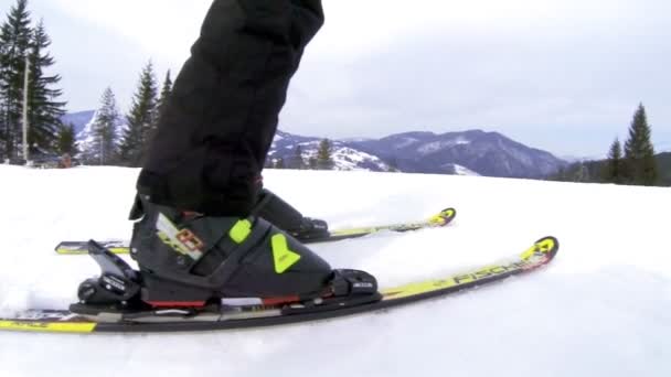 Kamerabild zeigt Skifahrer beim Reiten in den Bergen — Stockvideo