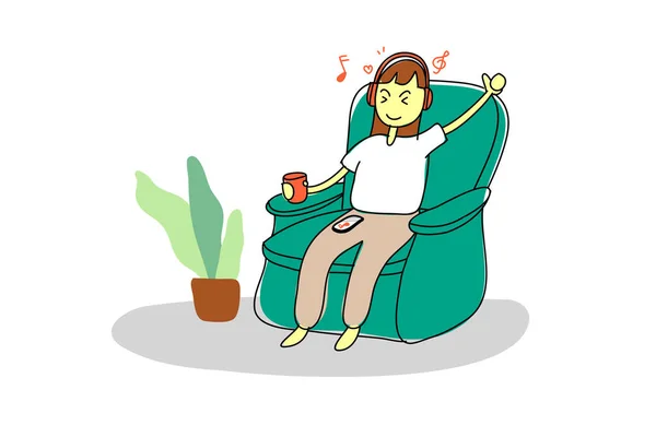 快乐的女人在绿色的沙发上听音乐 休闲和舒适的时间用来放松 带有图层的概念向量说明 — 图库矢量图片