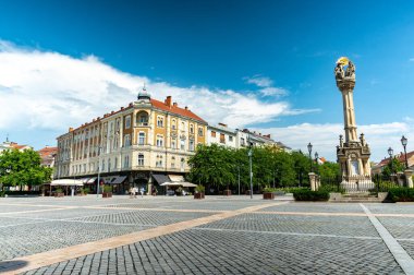 SZOMBATHELY, HUNGARY - 15 Ağustos 2021: Macaristan 'ın Szombathely kentinde güneşli ve bulutlu bir günde Szentharomsag szobor ya da Kutsal Üçlü Heykeli' ne bakın..