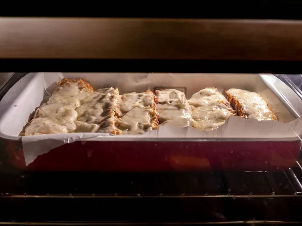 View Sandwiches Oven While Being Grilled Cheese Melting — Stock Photo, Image