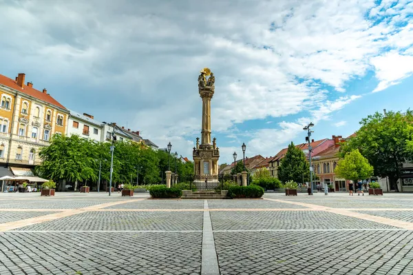 SZOMBATHELY, HUNGARY - 15 Ağustos 2021: Macaristan 'ın Szombathely kentinde güneşli ve bulutlu bir günde Szentharomsag szobor ya da Kutsal Üçlü Heykeli' ne bakın..