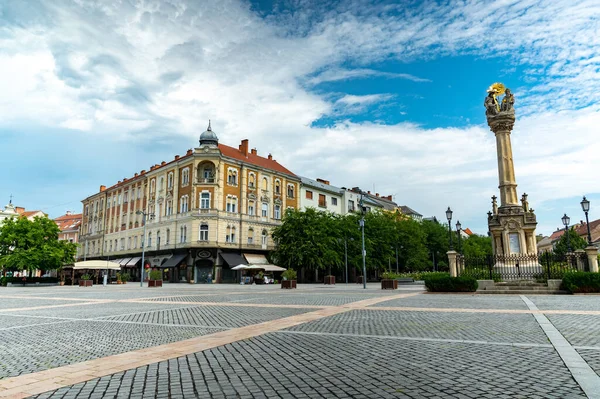 SZOMBATHELY, HUNGARY - 15 Ağustos 2021: Macaristan 'ın Szombathely kentinde güneşli ve bulutlu bir günde Szentharomsag szobor ya da Kutsal Üçlü Heykeli' ne bakın..