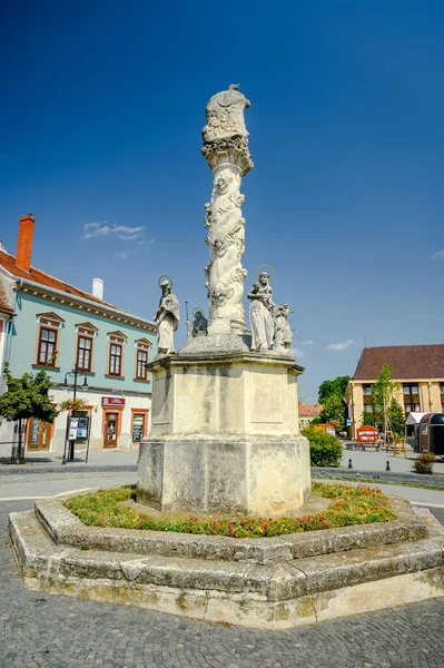 Estatua de columna de peste frente a la iglesia del Sagrado Corazón en Koszeg —  Fotos de Stock