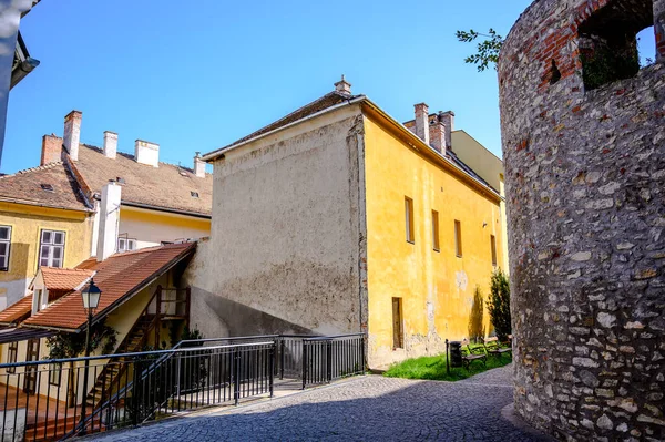 Güneşli bir günde Macaristan 'ın Sopron kentinin tarihi mimarisine, sokaklarına ve meydanlarına bakın..