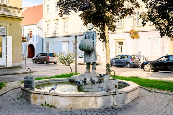 Estátua Mestre Cerveja Sopron Com Casa Velha Fundo Hungria — Fotografia de Stock