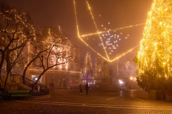 Ljubljana Słowenia Styczeń 2022 Widok Ludzi Spacerujących Placu Preseren Mglisty — Zdjęcie stockowe