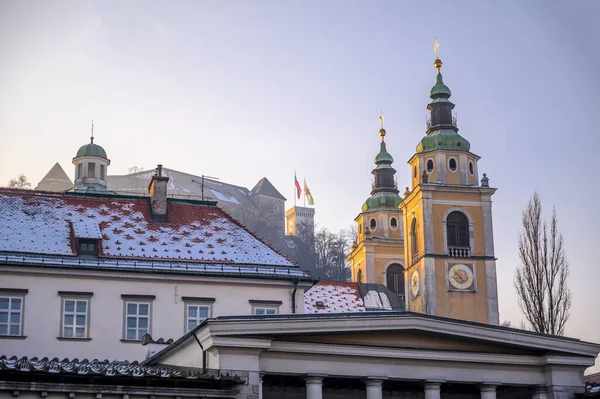 Ljubljana Castle Saint Nicholas Cathedral Winter Day Ljubljana Slovenia — Stock Photo, Image