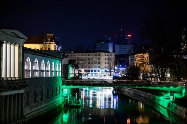 Ljubljana 'daki Ljubljanica nehir kanalının kent manzarası. Slovenya' da geceleri köprüleri ve tarihi mimarisi olan eski bir kasaba.