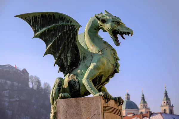 View Famous Dragon Bridge Dragon Statue Zmajski Most Symbol Ljubljana — стоковое фото