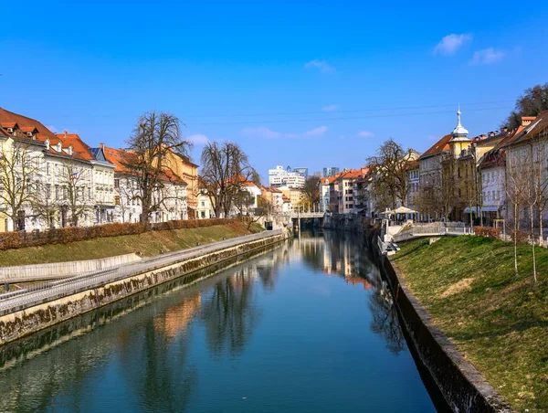 Slovenya 'da köprüleri ve tarihi mimarisi olan Ljubljanica eski kentinde Ljubljanica nehir kanalı manzarası