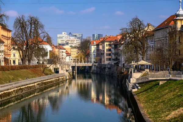 Slovenya 'da köprüleri ve tarihi mimarisi olan Ljubljanica eski kentinde Ljubljanica nehir kanalı manzarası