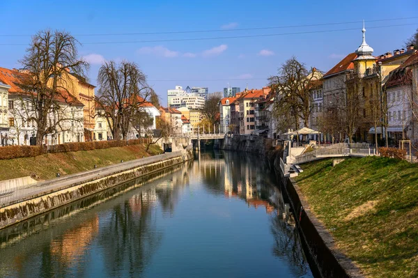Slovenya 'da köprüleri ve tarihi mimarisi olan Ljubljanica eski kentinde Ljubljanica nehir kanalı manzarası