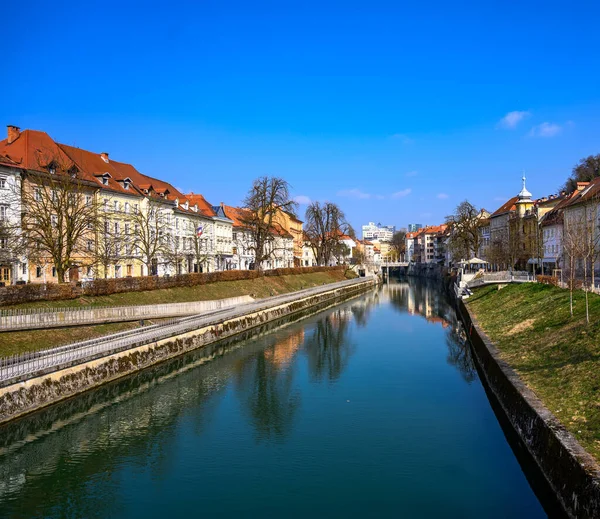 Slovenya 'da köprüleri ve tarihi mimarisi olan Ljubljanica eski kentinde Ljubljanica nehir kanalı manzarası