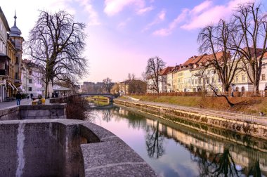 LJUBLJANA, SLOVENIA - 15 Şubat 2022: Slovenya 'da köprüleri ve tarihi mimarisi olan Ljubljanica eski kasabasındaki Ljubljanica nehir kanalı manzarası