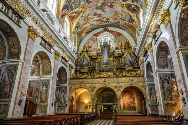 LJUBLJANA, SLOVENIA - FEBRUARY 15, 2022: Interior of the Saint Nicholas Cathedral of Ljubljana, Slovenia