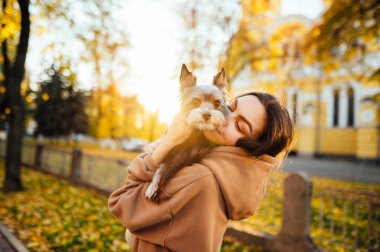 Çekici beyaz kadın, cazibeli York teriyerine sarılıyor, sarı binanın yanında duruyor ve sonbahar sezonunda bir park..