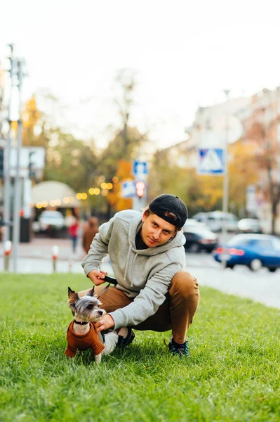 Foto Vertikal Seorang Pria Menarik Duduk Halaman Hijau Dengan Anjing — Stok Foto