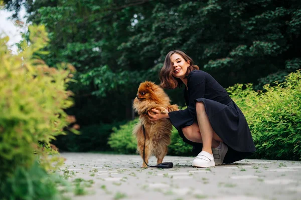 Parkta yürüyen sevimli köpekli mutlu kadın sahibinin portresi, kameraya bakan ve gülümseyen kadın.