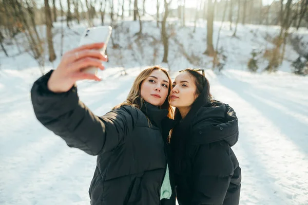 Dwie Dziewczyny Ciepłych Ubraniach Robią Sobie Selfie Smartfonie Podczas Spaceru — Zdjęcie stockowe