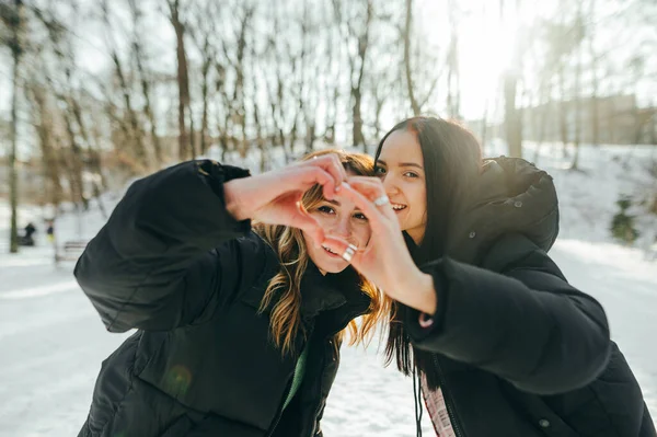 Красиві Жінки Теплому Одязі Стоять Зимовому Парку Дивляться Камеру Показують — стокове фото