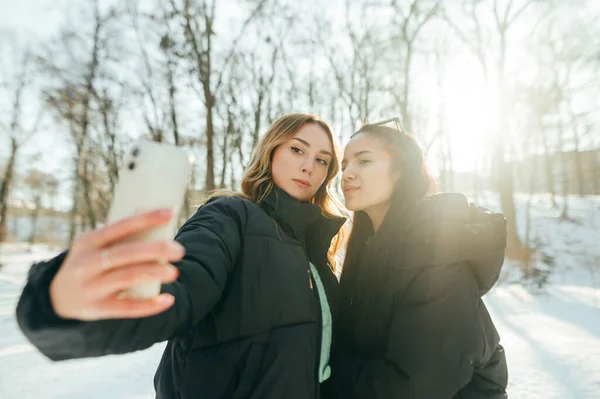 Dwie Piękne Kobiety Robią Sobie Selfie Spacerze Parku Zimowy Śnieżny — Zdjęcie stockowe