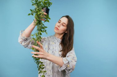 Mavi bir arka planda, elinde çiçek saksısı olan ve elinde güzel bir bitki tutan, güzel bir elbise giymiş, tatlı bir bayan..