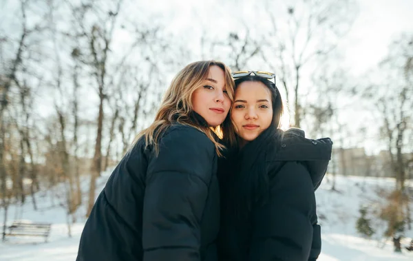 Twee Mooie Vriendinnen Staan Een Besneeuwd Park Winter Poseren Voor — Stockfoto