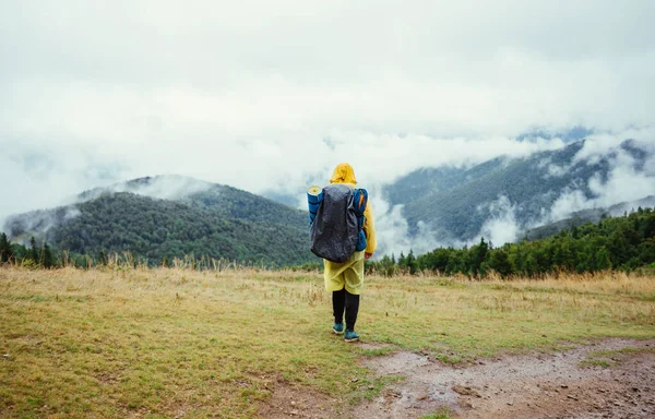 Back Male Tourist Yellow Raincoat Walks Meadow Mountains Backdrop Mountain — Stock Photo, Image