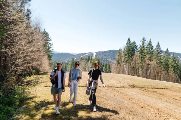 Şık Giyinmiş Bir Grup Arkadaş Tatilde Dağlarda Birlikte Yürüyorlar — Stok fotoğraf