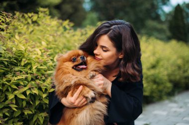 Parkta yürürken kollarında Pomeranian Spitz olan genç bir esmerin portresi.