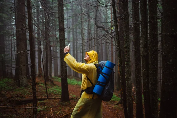 Turista Una Chaqueta Amarilla Encuentra Una Selva Oscura Atrapa Una — Foto de Stock