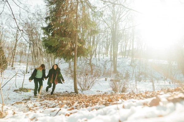 Δύο Φιλενάδες Χειμωνιάτικα Ρούχα Τρέχουν Χέρι Χέρι Ένα Χιονισμένο Πάρκο — Φωτογραφία Αρχείου