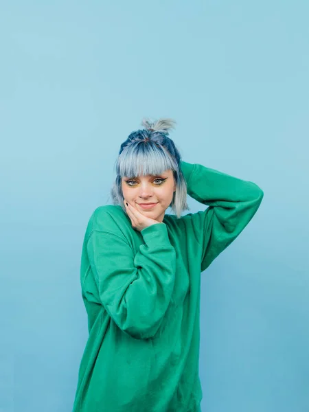 Cute Hipster Girl Colored Hair Isolated Blue Background Looking Camera — ストック写真