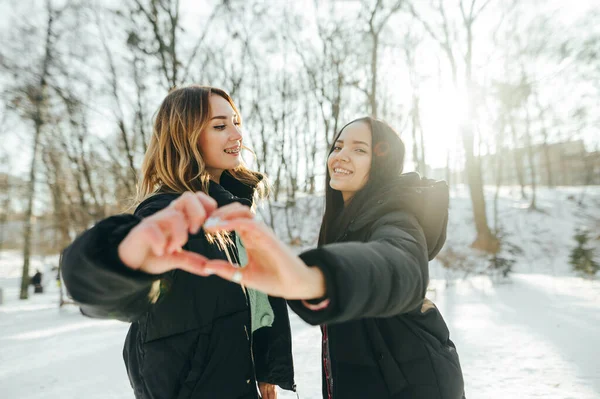 눈덮인 공원에서 얼굴에 미소를 카메라 앞에서 동작을 매력적 여성들 — 스톡 사진