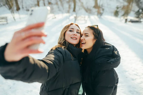 Pozytywne Kobiety Spędzają Razem Czas Zimą Parku Spacerze Robią Selfie — Zdjęcie stockowe