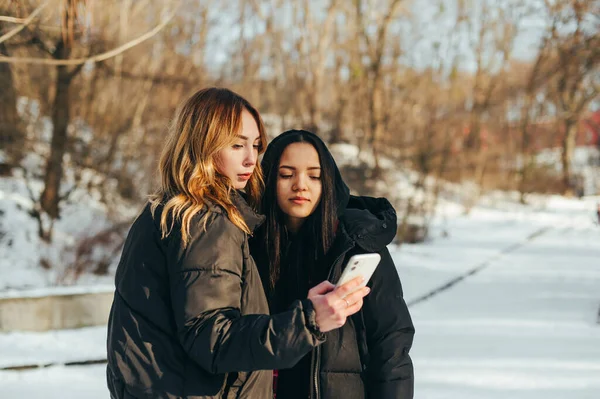 Dwie Piękne Kobiety Stoją Zimą Zaśnieżonym Parku Używają Smartfona Poważną — Zdjęcie stockowe