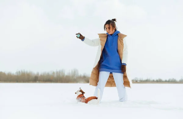 Positive Woman White Jacket Playing Ball Dog Snow Winter Walk — Fotografia de Stock