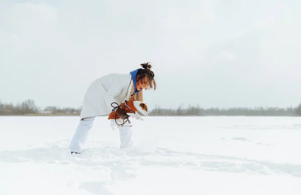 Smiling Female Owner White Jacket Playing Cute Little Dog Winter —  Fotos de Stock