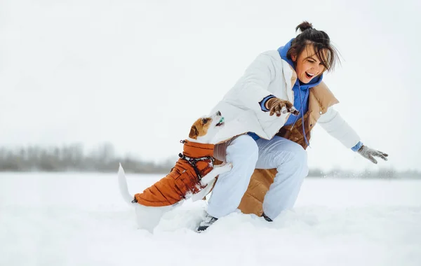 Cheerful Woman Having Fun Cute Little Dog Winter Snow While — Fotografia de Stock