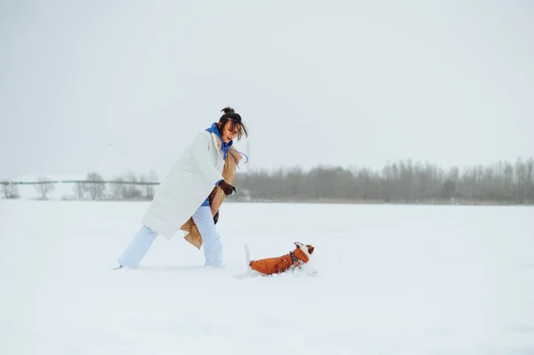 Positive Woman Warm Winter Clothes Playing Small Dog Breed Jack — Fotografia de Stock