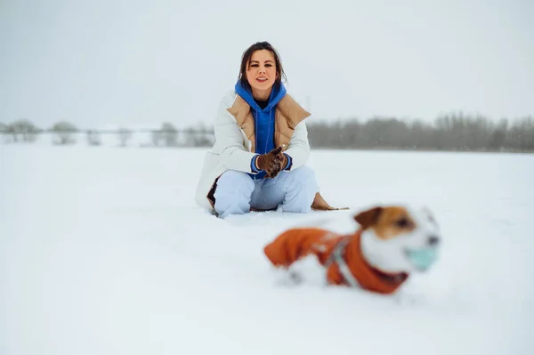 Cheerful Woman Having Fun Cute Little Dog Winter Snow While — Stock Fotó