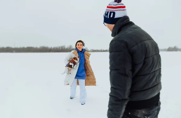 Man Woman Walking Snowy Field Dog Breed Jack Russell His — Fotografia de Stock