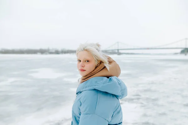 Cute Girl Warm Clothes White Hair Stands Nature Background Frozen — Fotografia de Stock