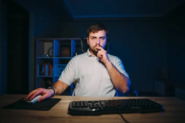 Pensive Serious Man Working Night Computer Looking Camera Serious Face — Stock Fotó