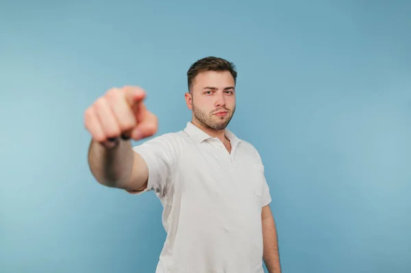 Handsome Young Man Bristles White Shirt Points His Finger Camera — Foto de Stock